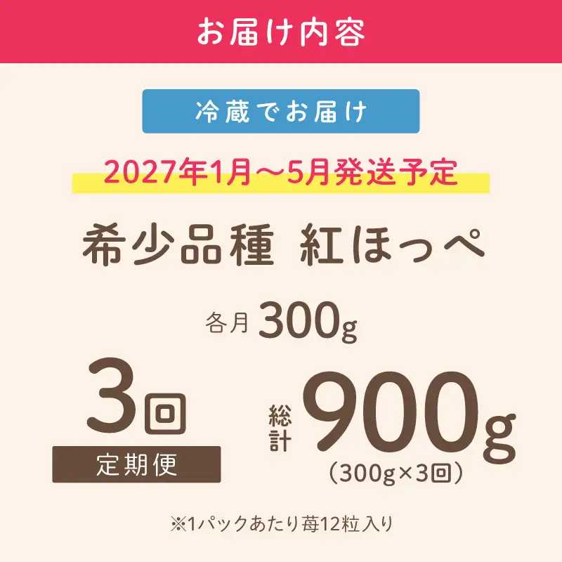 【2027年1月～5月発送予定】【いちご本来の甘酸っぱさを味わう】定番人気 紅ほっぺ 約300g（約300g×1パック×1箱）3ヶ月定期便【配送不可地域：北海道・沖縄・離島】【121D-010-2027】