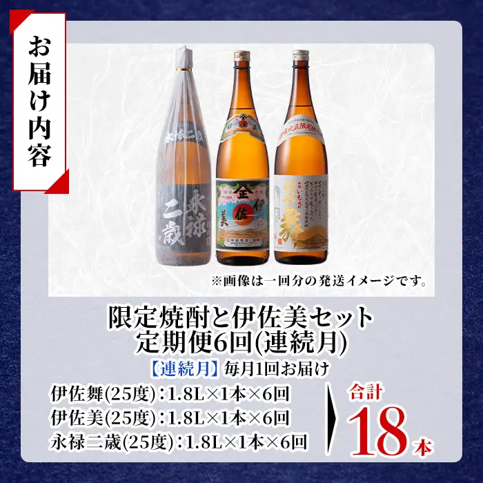 isa918 【定期便6回(連続月)】限定焼酎と伊佐美セット 伊佐舞・伊佐美・永禄二歳 各1.8L 合計18本(3種各1本×6回) 鹿児島 本格芋焼酎 芋焼酎 焼酎 一升瓶 飲み比べ 詰め合わせ 詰合せ 伊佐地区限定焼酎 伊佐舞 【酒乃向原】