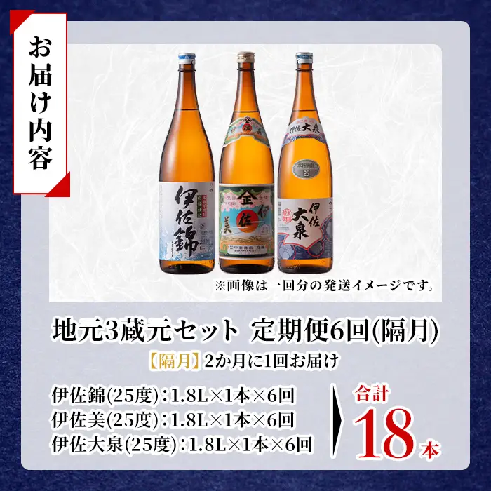 isa921 【定期便6回(隔月)】地元3蔵元セット 伊佐錦・伊佐美・伊佐大泉 各1.8L 合計18本(3種各1本×6回) 鹿児島 本格芋焼酎 芋焼酎 焼酎 一升瓶 飲み比べ 詰め合わせ 詰合せ 【酒乃向原】