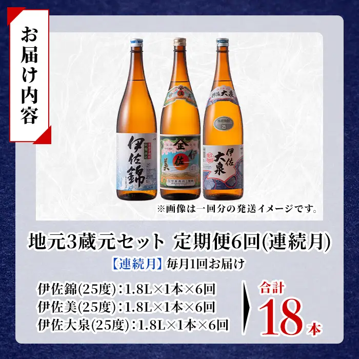 isa923 【定期便6回(連続月)】地元3蔵元セット 伊佐錦・伊佐美・伊佐大泉 各1.8L 合計18本(3種各1本×6回) 鹿児島 本格芋焼酎 芋焼酎 焼酎 一升瓶 飲み比べ 詰め合わせ 詰合せ 【酒乃向原】