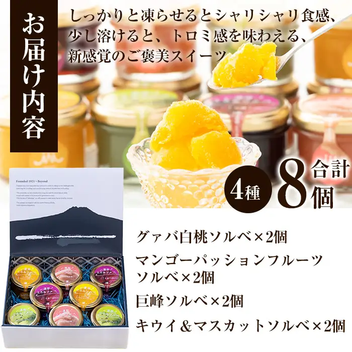 【お中元】スイーツギフト！新感覚アイス”濃厚とろみソルベ” 4種のこだわり素材を使用 ソルベ詰め合わせ♪計8個 ギフト 夏 スイーツ シャーベット 冷菓 セット 詰め合わせ 果物 フルーツ デザート 常温【00-012-03-R8OC】