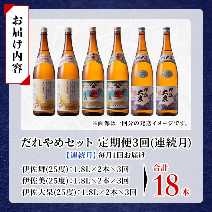isa887 【定期便3回(連続月)】だれやめ焼酎セット 伊佐舞・伊佐美・伊佐大泉 各1.8L 合計18本(3種各2本×3回)  鹿児島 本格芋焼酎 芋焼酎 焼酎 一升瓶 飲み比べ 詰め合わせ 詰合せ 晩酌 飲みやすい だいやめ 伊佐限定焼酎 【酒乃向原】