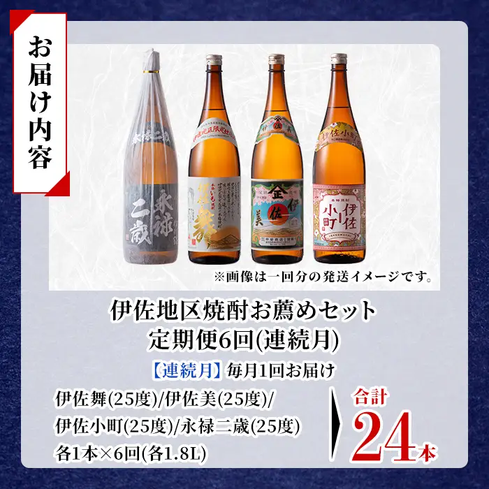 isa903 【定期便6回(連続月)】伊佐地区焼酎お薦めセット 4種各1.8L 合計24本(4種各1本×6回)  鹿児島 本格芋焼酎 芋焼酎 焼酎 一升瓶 飲み比べ 詰め合わせ 詰合せ おすすめ 【酒乃向原】