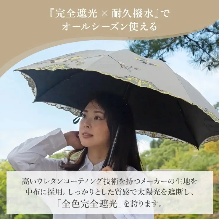 【シノワズリーモダン京都】花鳥刺繍ミニ折りたたみ晴雨兼用日傘 ブラック