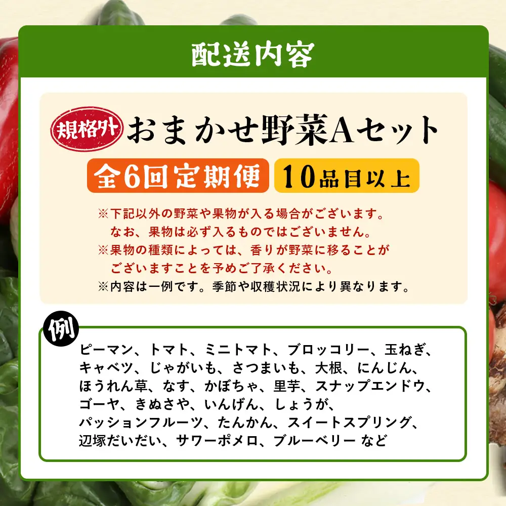 【定期便全6回】【規格外】本土最南端から 旬のおまかせ野菜セットA 10品目以上 NI-5 ｜ 旬 野菜 やさい 果物 くだもの 産地直送 農産物 冷蔵 鹿児島県 南大隅町産 詰合せ おまかせ 家庭用 訳あり なんたん市場