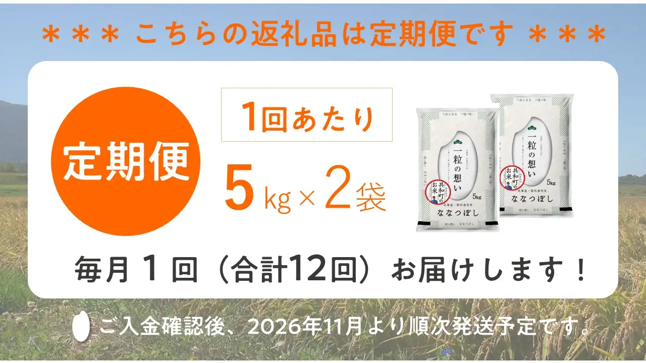 【新米予約】令和8年産 定期便 12ヵ月連続お届け ななつぼし 10kg 精米 北海道 共和町 お米 白米 ご飯 ライス 一粒の想い ※沖縄・離島配送不可【2026年11月以降順次発送予定】