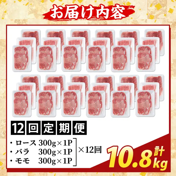 K-361-F ＜12回定期便＞かごしま味わい黒豚 しゃぶしゃぶ3種食べ比べ(計10.8kg)【ふるさと産直バザール】ロース バラ モモ 豚肉 国産 鹿児島県産 肉 精肉 小分け セット 定期便