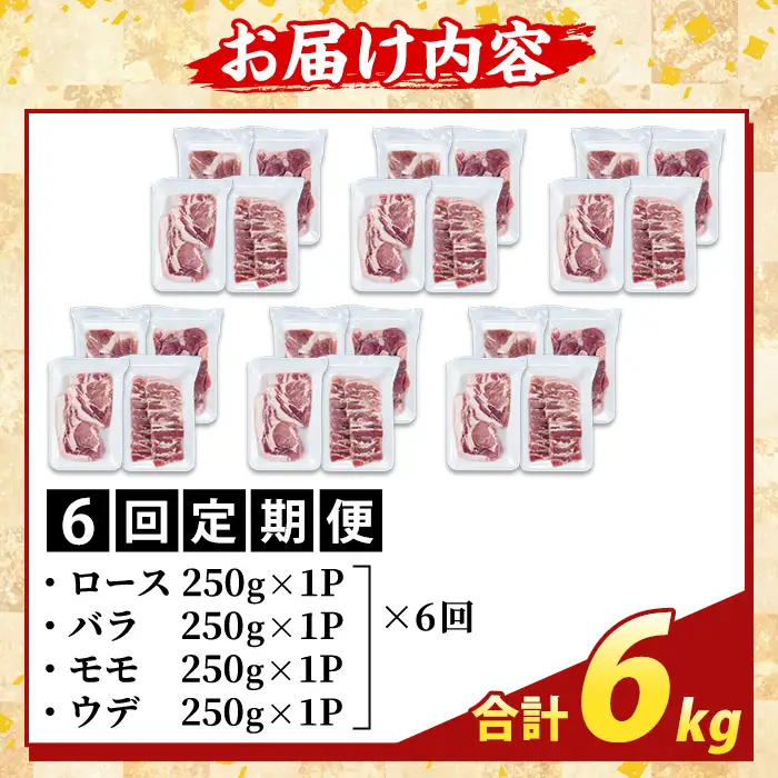 K-379-E ＜6回定期便＞鹿児島県産霜降りトロ豚 焼肉用バラエティセット(合計6kg)【ふるさと産直バザール】霧島市 ロース バラ ウデ モモ 焼き肉 ヤキニク 豚肉 国産 鹿児島県産 肉 精肉 小分け セット 食べ比べ 定期便