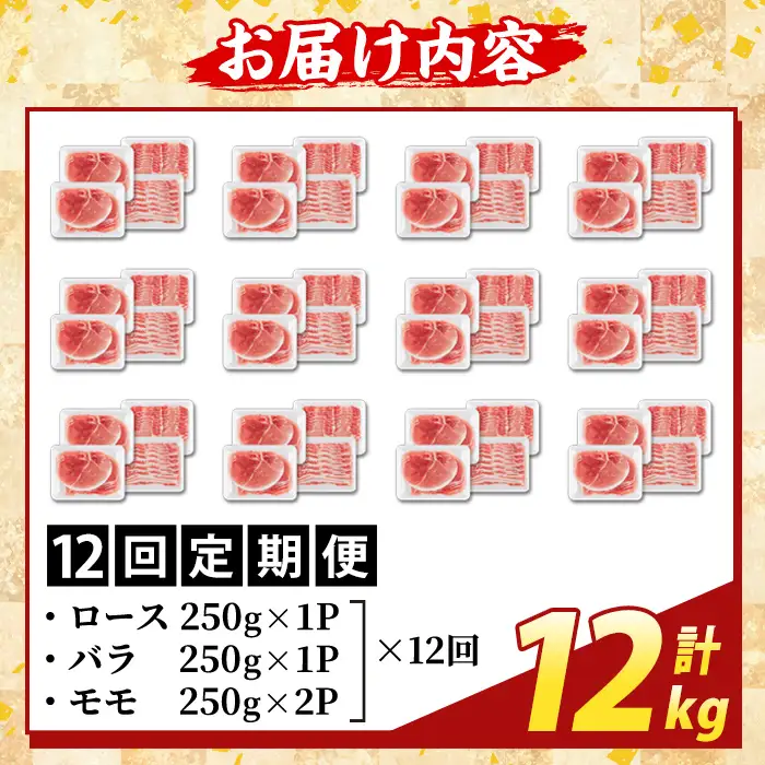 K-470-G ＜12回定期便＞鹿児島県産 薩摩トロ豚しゃぶしゃぶ3種盛り(計12kg)【ふるさと産直バザール】霧島市 ロース バラ モモ  国産 鹿児島県産 肉 精肉 定期便