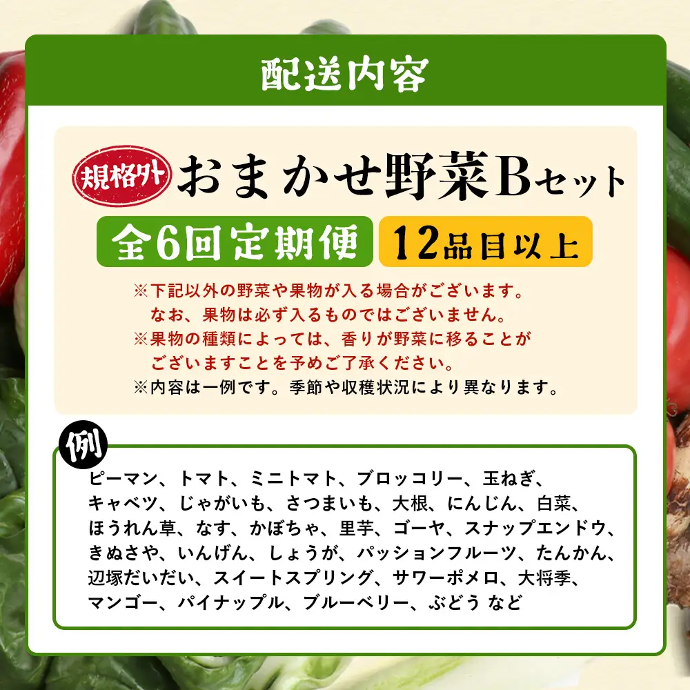 【定期便全6回】【規格外】本土最南端から 旬のおまかせ野菜セットB 12品目以上 NI-8 ｜ 旬 野菜 やさい 果物 くだもの 産地直送 農産物 冷蔵 鹿児島県 南大隅町産 詰合せ おまかせ 家庭用 訳あり なんたん市場