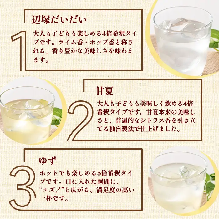 【A83006】3種のおすすめ みかん 希釈用 ジュースセット 鹿児島 国産 フルーツ 果物 果実 果汁 ジュース ドリンク 希釈 辺塚だいだい 蜜柑 甘夏 ゆず 柚子 柑橘 3種類 飲み比べ セット 詰合せ ギフト プレゼント 【農地所有適格法人株式会社P＆Y'sLabo】