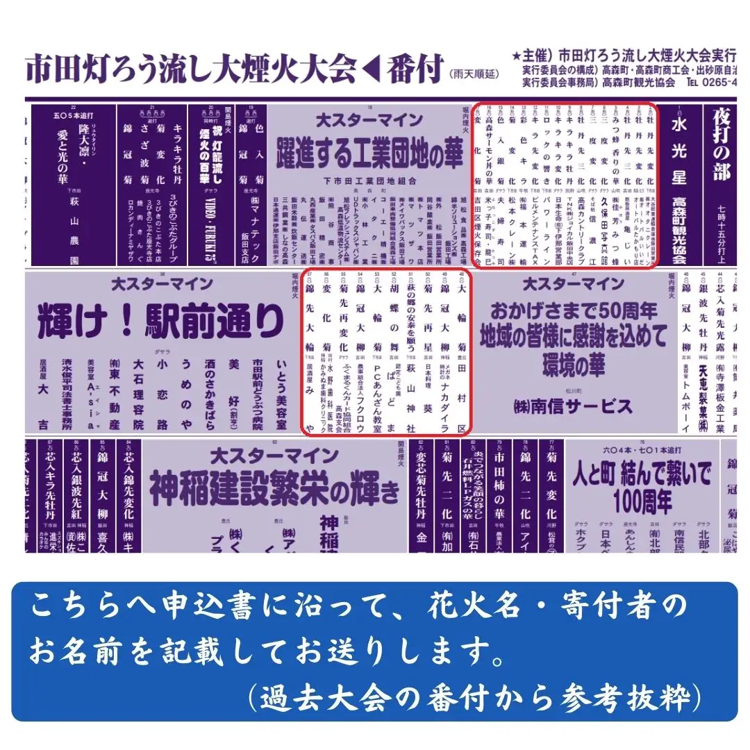 市田灯ろう流し大煙火大会 8号玉の花火打上げ・寄附者名入り花火番付