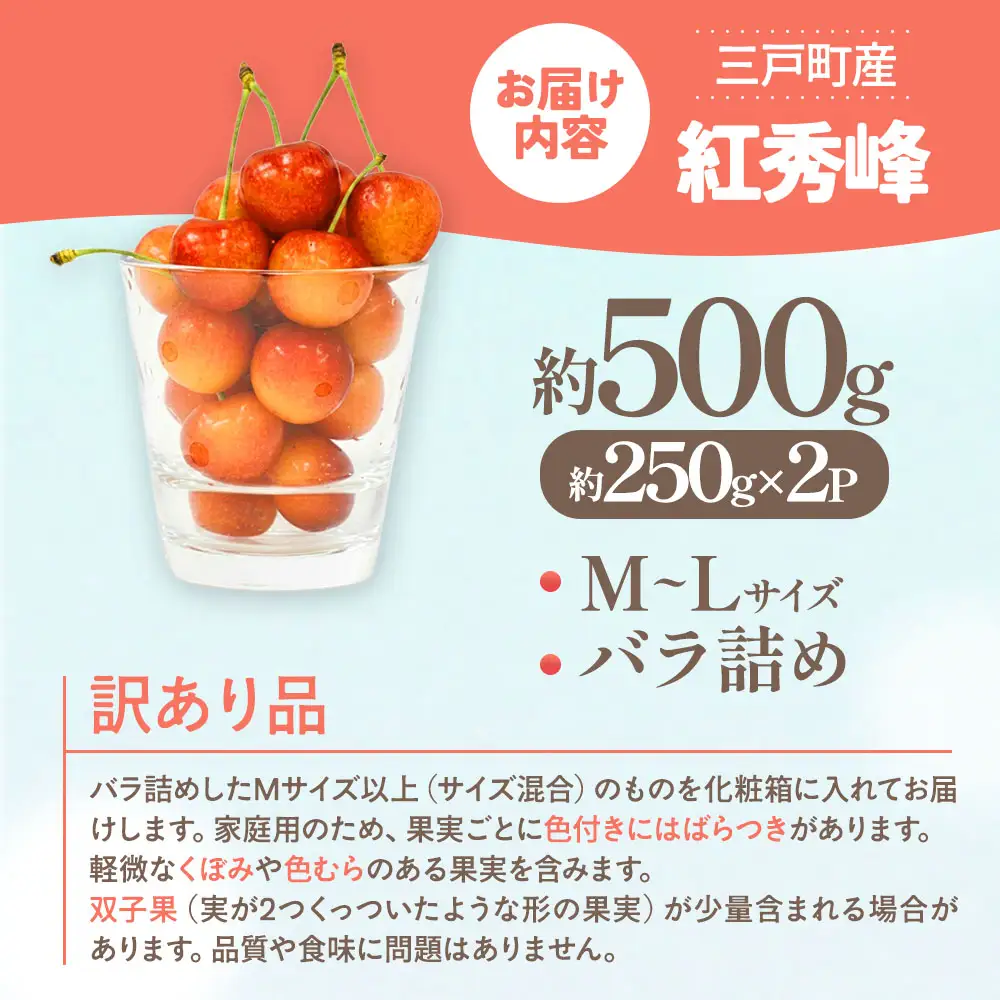 【訳あり】さくらんぼ【紅秀峰】約500g（M～Lサイズ）2026年6月下旬～