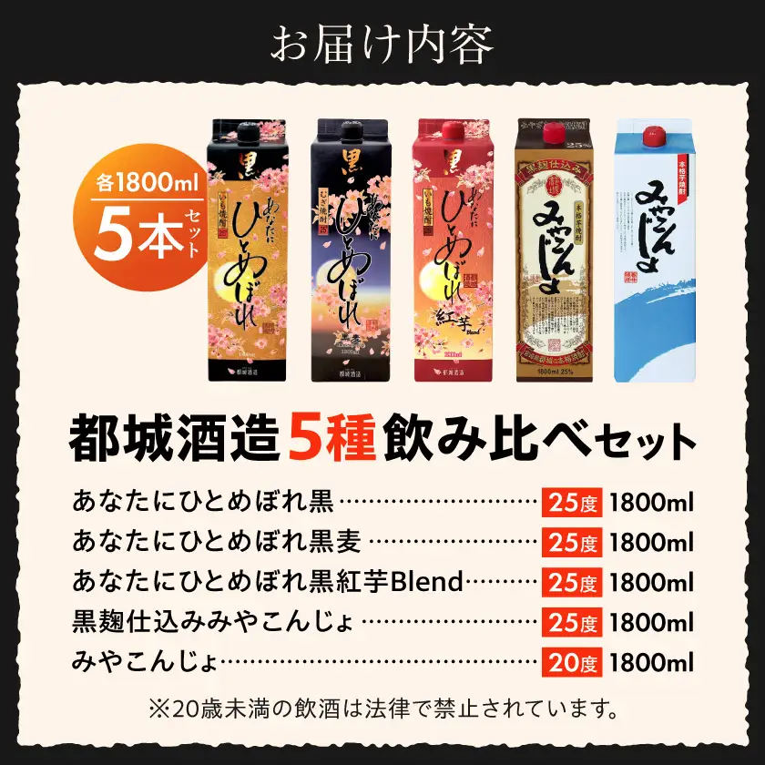 都城酒造の5種飲み比べセット ≪みやこんじょ特急便≫〔22-2201〕_(都城市) あなたにひとめぼれ黒 あなたにひとめぼれ黒麦 あなたにひとめぼれ黒紅芋Blend みやこんじょ 25度 20度