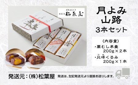 羊羹 3本セット 月よみ山路（栗むし羊羹2本、比咩くるみ1本） 松葉屋