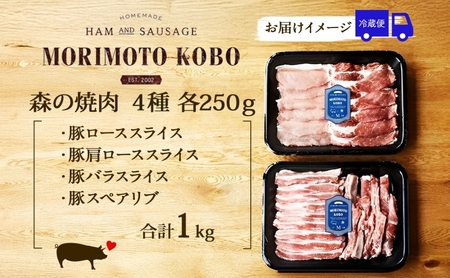 森本工房 森の焼肉 飛騨・美濃けんとん 4種 セット計1kg 各250g 焼肉 肉 お肉 豚肉 ブランド豚 ポーク 豚バラ スペアリブ ロース 肩ロース 食べ比べ 詰め合わせ BBQ 冷蔵 送料無料 岐阜県 揖斐川町