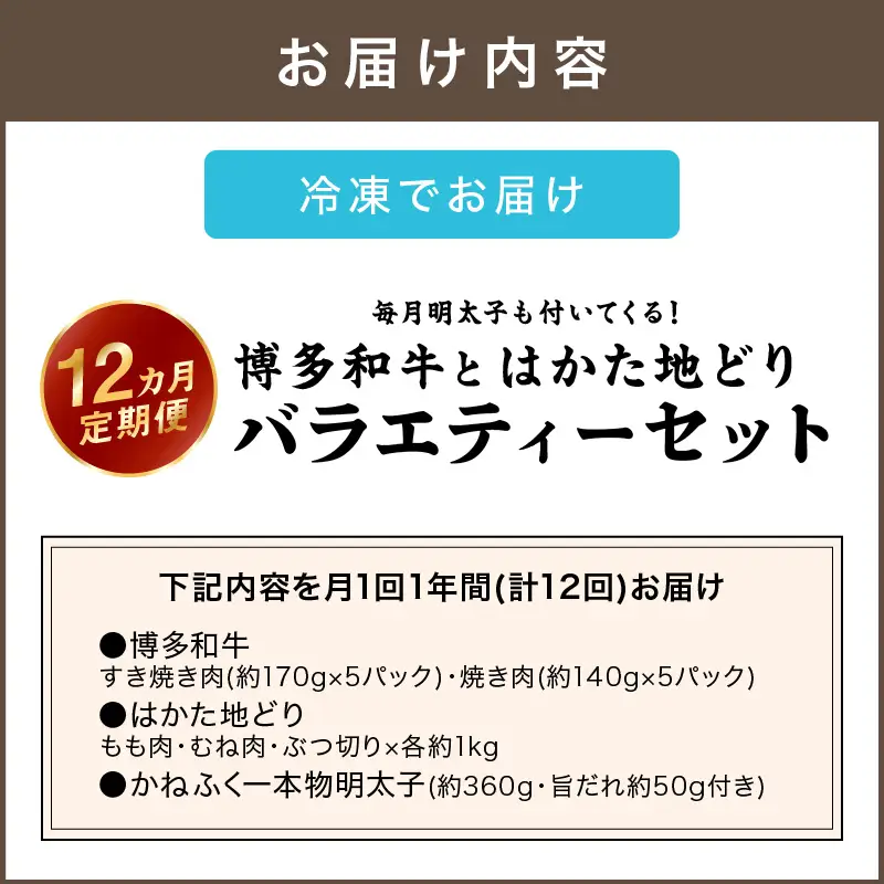 博多和牛＆はかた地どり バラエティーセット(明太子付き)【12カ月定期便】【S-019】