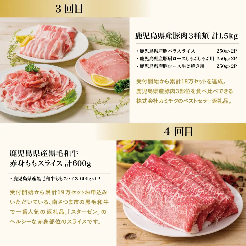 【 定期便 】畜産王国 鹿児島の厳選 お肉 4種（全4回） 鹿児島県産 黒毛和牛 豚肉 黒豚 すき焼き しゃぶしゃぶ ステーキ サーロイン お肉 定期便