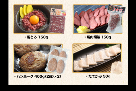 純国産馬肉8種セット 計2200g 《60日以内に出荷予定(土日祝除く)》熊本肥育 2年連続農林水産大臣賞受賞 送料無料 馬刺し 馬肉 馬スジ ホルモン 燻製 霜降り ハンバーグ 熊本県玉東町