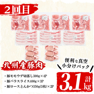 【定期便全3回】九州産 豚肉定期便(3ヵ月連続・毎回2kg以上・計7.7kg以上) 定期便 お楽しみ 頒布会 国産 肉 豚肉 豚バラ ロース 冷凍 小分け すき焼き しゃぶしゃぶ 豚しゃぶ ランキング 人気 とんかつ トンカツ t0038-002-07