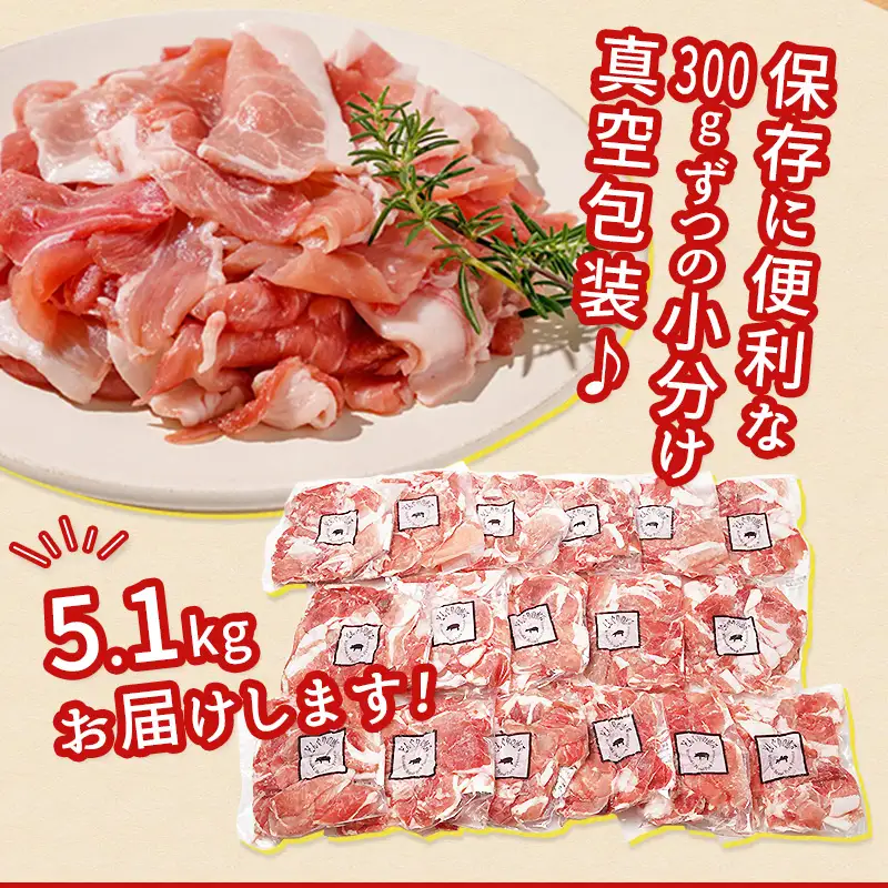「どんぐりの恵み豚」こま切れ5.1kg〔17-1103〕_(都城市) 都城産 300g 17P 小分け 真空包装 保存に便利 冷凍 豚肉 コク サッパリ