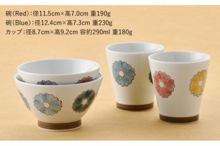 【波佐見焼】フラワー くらわんか 茶碗・カップ 各2色 計4点セット 食器 皿 【新生和】 [DE12] 波佐見焼
