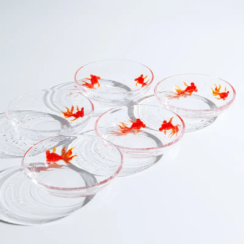 ＜ガラス作家 松尾具美＞金魚豆皿 5枚セット 硝子 ガラス 豆皿 セット 皿 金魚 松尾具美 贈り物 ギフト F6L-1265
