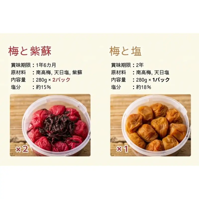 無添加梅干し】塩と紫蘇だけで漬けた梅干し2パック、塩だけで漬けた
