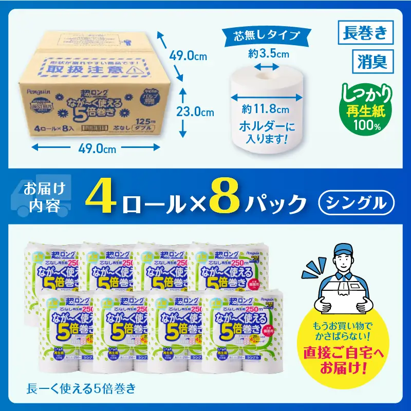 160ロール相当 トイレットペーパー 5倍巻き ペンギン 超ロング 32R(ロール) シングル 再生紙 芯なし無地 備蓄 日用品 静岡県富士市 送料無料 [sf002-243]