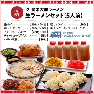 久゛留米大龍ラーメン 生ラーメン（5人前）プレミアムセット_久゛留米大龍ラーメン 生ラーメン(5人前)プレミアムセット 老舗 自家製 ご当地 生ラーメンセット 生麺 とんこつ チャーシュー こだわりの麺 国産豚 スープ 具材つき プレミアム5人前 お取り寄せグルメ 発祥の地 冷蔵 お土産 久留米 福岡 九州 食品 送料無料 〔Br019〕