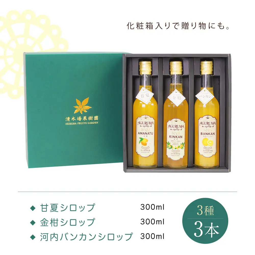 柑橘シロップ 3本セット＜金柑・甘夏・河内バンカン＞［3種類］きんかん キンカン 河内晩柑 ドリンク ジュース 炭酸割り ハイボール カクテル かき氷 ヨーグルト アイス パンケーキ ギフト 贈答 清木場果樹園 鹿児島県 南さつま市