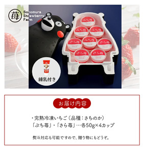 園村苺園完熟冷凍いちご！「ぷち苺」と「さら苺」各4カップ 練乳付き In くまモンの箱入り _U74-0037