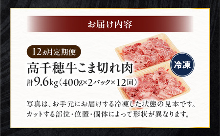 【12ヶ月定期便】 高千穂牛 こま切れ 400g×2パック×12回 牛肉 肉 お肉 精肉 定期便 こま切れ肉 小間切れ ブランド牛 国産牛 黒毛和牛 和牛 宮崎県産 国産 炒め物 パック 小分け グルメ お取り寄せ _Tk002-t081