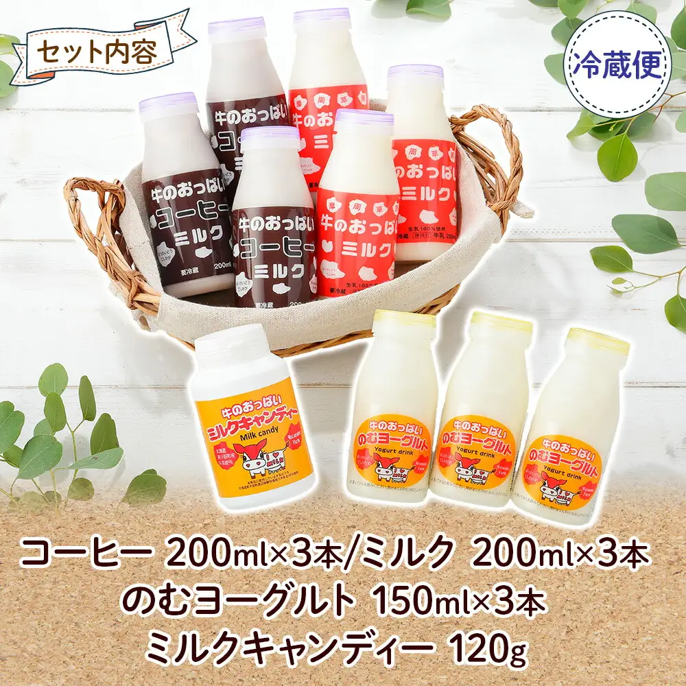 783.牛のおっぱいミルク 3本 コーヒーミルク3本 のむヨーグルト3本 計9本 おっぱいミルクキャンディー1個 セット 牛乳 生乳 ミルク 牛 酪農 飲料 しぼりたて 珈琲 ヨーグルト 飴 お取り寄せ ギフト gift 渡辺体験牧場 まとめ買い 北海道 弟子屈町
