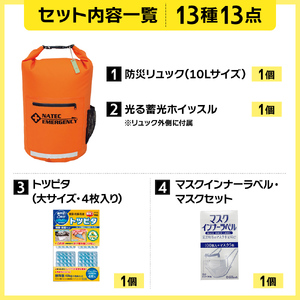 防災士監修 防災グッズ 車載用セット 13点 防水 多機能リュック 10L 携帯トイレ 清潔用品 エアマット 保存水 クッキー マスク 非常用持ち出し袋 防災リュック 防災 防災用品 非常用 避難 地震 災害 洪水 震災 ナテック 送料無料 愛知県 あま市