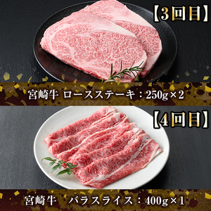 【定期便・全6回(連続)】宮崎牛定期便＜Bセット＞お楽しみ 牛肉 国産 定期 ヒレ肉 ひれにく モモ ウデ ロース バラ スライス 宮崎県産 黒毛和牛 焼肉 ステーキ しゃぶしゃぶ すき焼き【R-68】【株式会社ミヤチク】