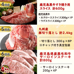 【定期便・全6回】お肉のお楽しみ定期便 総量9.8kg! 牛肉 豚肉 鹿児島県産 九州産 国産 黒毛和牛 ステーキ すきやき しゃぶしゃぶ とんかつ BBQ t0117-002