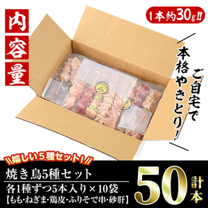 ＜訳あり・簡易包装＞ 焼き鳥 5種 食べ比べ セット(合計50本・5種各10本)国産 鶏肉 モモ ねぎま 鶏皮 ふりそで 砂肝 やきとり 小分け おつまみ おかず BBQ 串 宮崎県 門川町【V-16】【味鶏フーズ 株式会社】