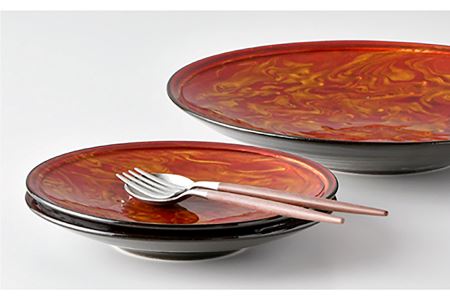 【波佐見焼】深皿 レッドマーブル 25.5cm 1枚・17cm 2枚セット 取り皿 小皿 大皿  食器 皿 【舘山堂】 [RC22] 波佐見焼