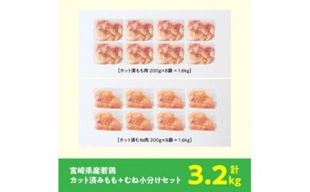 鶏肉 【小分け】宮崎県産若鶏もも肉＆むね肉計3.2kg（各200g×8） カット済 鶏肉