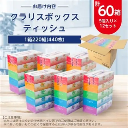 クラリスボックスティッシュ60箱(1箱220組(440枚))(5個入り×12セット