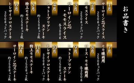 特選(A5)宮崎牛の宝箱 (12ヶ月定期便)_TAH12-0101_(都城市) 宮崎牛 5等級 12ヶ月定期便 サーロイン芯スライス モモスライス シャトーブリアンステーキ 特上モモステーキ ロース焼肉用 ヒレステーキ