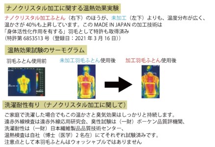 【河田フェザー使用】 ナノクリスタル 羽毛掛けふとん シングルロング （NC-01） ECOダウン フェザー 高級 ふとん 布団 フトン 寝心地 品質 高級 ホテル 掛け布団 日本製 河田フェザー 羽毛布団 睡眠 シングル エコ ホワイト 清潔