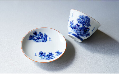有田焼 手描き 山水絵 せん茶碗皿セット 小 【起山窯】食器 器 うつわ 茶器 煎茶碗 湯呑み 湯呑 茶托 小皿 菓子皿 食洗機対応 A30-642