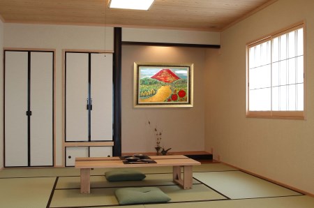 富士山溶岩パワーアート「赤富士と黄金の桂川」 絵画 アート