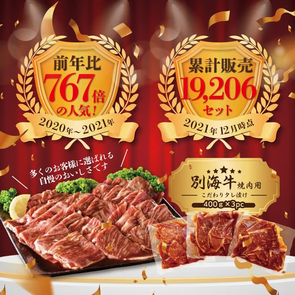 【定期便】黒毛和牛入り 焼肉用 タレ漬け  計4.8kg(400g×3P)×4ヵ月 特製 焼肉用つけだれつき【全4回】【北海道 別海町産】