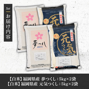 《白米》福岡県産米食べ比べセット「夢つくし」と「元気つくし」(2種計20kg・各5kg×2袋) 白米 米 お米 おこめ ごはん ご飯 常温 福岡県産 ブランド米 ゆめつくし げんきつくし 常温 常温保存 おにぎり おむすび お弁当 ライス【朝ごはん本舗】as05-060