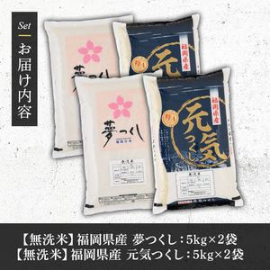 《無洗米》福岡県産米食べ比べセット「夢つくし」と「元気つくし」(2種計20kg・各5kg×2袋) 無洗米 米 お米 おこめ ごはん ご飯 常温 福岡県産 ブランド米 ゆめつくし げんきつくし 常温 常温保存 おにぎり おむすび お弁当 ライス【朝ごはん本舗】as05-061