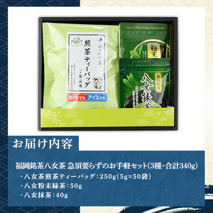 福岡銘茶八女茶 急須要らずのお手軽セット(3種・合計340g) 茶 緑茶 日本茶 煎茶 上煎茶 ティーバッグ 抹茶 粉末 粉末緑茶 粉末八女茶 飲み比べ 中島製茶本舗 家庭用 普段使い 個包装 贈り物 贈物 プレゼント 贈答用【マル五】as06-029