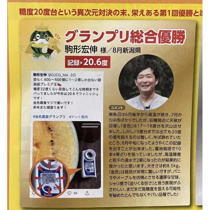 【2026年7月下旬〜8月上旬順次発送予定】糖度日本一・金賞W受賞 金色羅皇  最高級南魚沼八色産黄色スイカ「こまがた家の八色のスイカ」プレミアム大玉 1玉